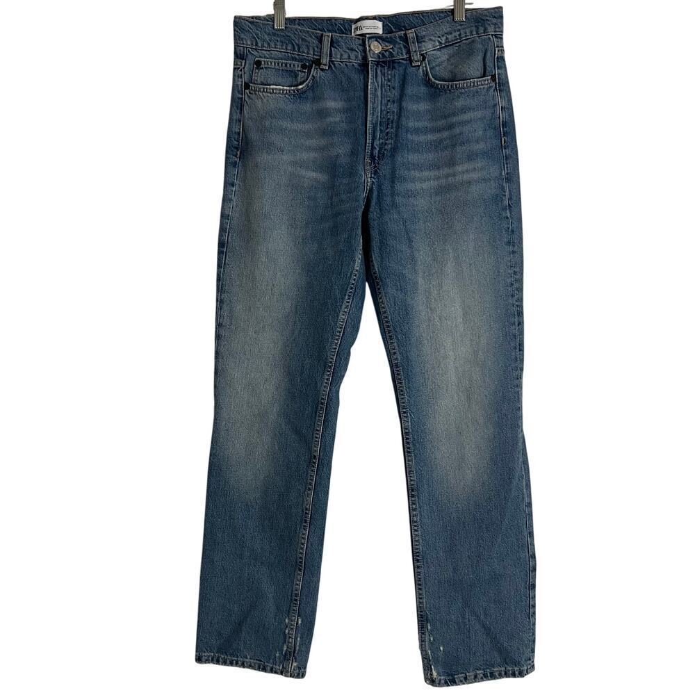 Zara Woman’s Medium Wash High Waist Straight Leg Distressed Denim Jean- Size 8